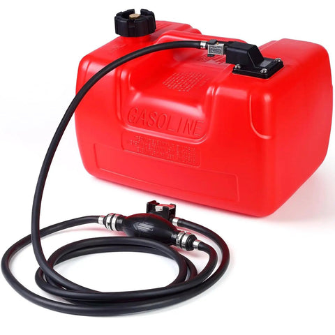 Three Gallon Portable Marine Storage Tank With Leak Resistant Design For Boating And Outdoor Power Equipment I-Shaped Handle With Line Easy To Carry EPA Compliant, red tank with hose and cap visible.