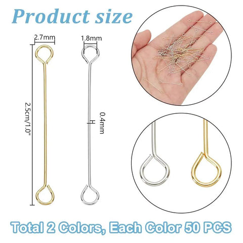 100 Pcs 25mm Brass Eye Pins Open Eye Pins 26 Gauge Double Sided Gold Silver Jewelry Findings For Diy Earrings Necklaces Bracelets Craft Making Durable Brass Construction For Beadwork And Jewelry Projects, 25mm size shown