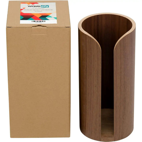 Freestanding Toilet Paper Holder With Walnut Veneer On Birch Plywood Holds Mega Rolls And Extra Spares, shown with packaging
