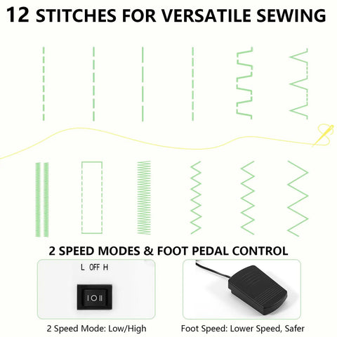 Beginner Friendly Portable Sewing Machine With Twin Needle And Reverse Stitching, 12 built in stitches diagram, foot pedal control