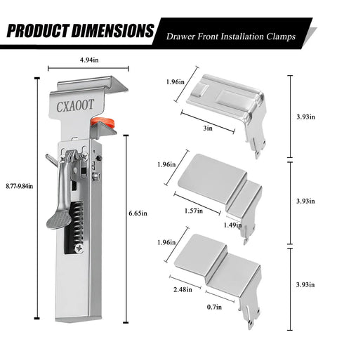 Product dimensions of Drawer Front Installation Clamps For Cabinets Face Frame Clamps with detailed measurements in inches.