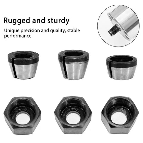 Six Piece Router Bit Collet Chuck Set With Six Millimeter Six Point Three Five Millimeter And Eight Millimeter Collets shown with adapters and nuts