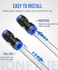 Front view of two black plastic push-to-connect air hose fittings with blue collars for quick-release connections