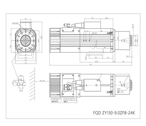 Technical diagram of Heavy Duty 9Kw ISO30 Spindle Motor Built Like Iron For Rock Solid Cnc Machine Tools With No Sweat Cooling And Gutsy Alloy Steel Chassis Powered By Straight 380V Ac Flow.