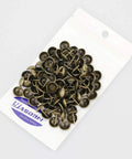 Top Shelf 100 Piece Set Of Antique Bronze Upholstery Nails And Decorative Furniture Tacks displayed in a package.