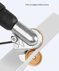 Drill Plate Cutter Attachment showing incisive cutting on metal plate, ideal for safer metal plate projects with corded and cordless drills.