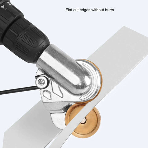 Drill Plate Cutter Attachment showing incisive cutting on metal plate, ideal for safer metal plate projects with corded and cordless drills.