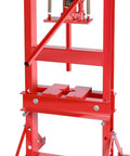 Heavy Lifter Six Ton Hydraulic H Frame Shop Press With Adjustable Steel Table, red metal frame with hydraulic jack.