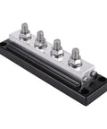 Beefy 600Amp 4 Post Power And Ground Distribution Busbar With Nickel Plated Copper Terminals 3/8 Inch Studs 14Mm Locknuts Rock Solid Car Audio Wiring Harness Setup Made In Usa Black, showing nickel-coated copper and studs.