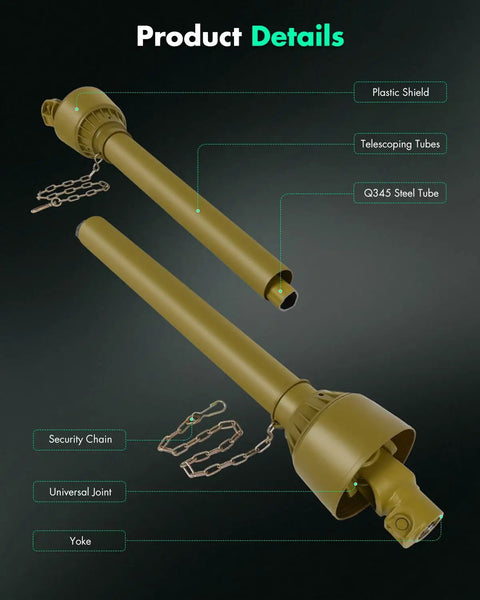 Professional Grade Top Tier Yellow Adjustable Pto Shaft For Tractors 39 To 62 Inch Drive Line detailed view with plastic shield and metal structure.