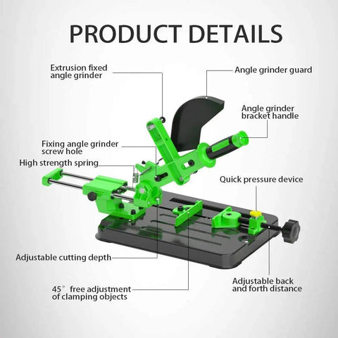 Universal Angle Grinder Stand Converter And Workstation Bracket For 100 115 125mm Grinders Polishing And Cutting Multi Angle Desktop Mount With Pull Rod Fits Two Sided M8 M10 Holes with detailed features and labels.
