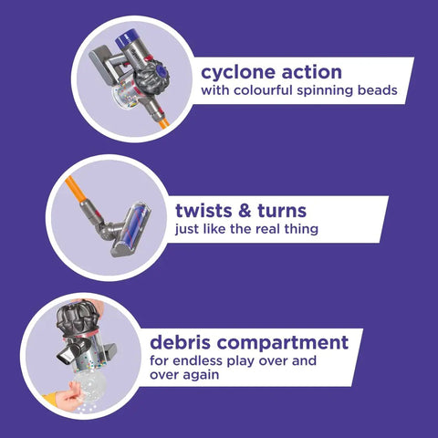 Features of Officially Licensed Interactive Cordless Vacuum Toy For Kids with cyclone action, twists, and debris compartment.