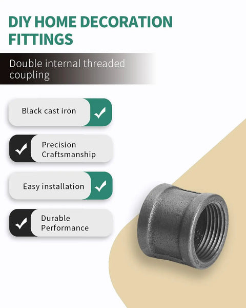 Heavy Duty 3/4 Inch Female Thread Cast Iron Pipe Coupling Fittings 4 Pack For Plumbing Furniture Build Shelving And Industrial Style Decor Durable And Easy To Install, showing a double internal threaded coupling fitting.