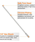 Top Shelf T15 Security Torx Bits With Hole, Dead Nuts Magnetic T Slot Screwdriver Bit, 1/4 Inch Hex Shank 8 Inch Long S2 Steel Tamper Resistant T Star Driver showing chrome plated safety Torx head.
