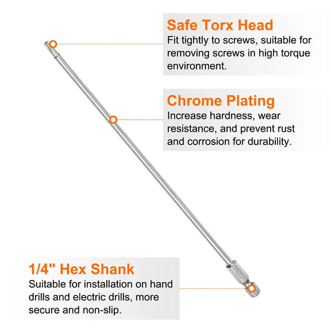 Top Shelf T15 Security Torx Bits With Hole, Dead Nuts Magnetic T Slot Screwdriver Bit, 1/4 Inch Hex Shank 8 Inch Long S2 Steel Tamper Resistant T Star Driver showing chrome plated safety Torx head.