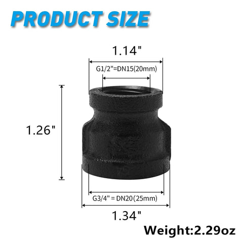 Black Iron Reducing Pipe Fitting One Half To Three Quarters Inch Internal Thread Malleable Iron, 10 Pack dimensions