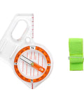 All In One Thumb Compass With Ruler For Hiking And Survival showing orange dial, clear base, and green strap