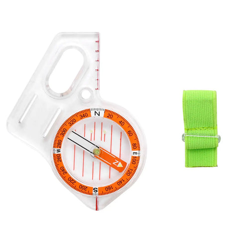 All In One Thumb Compass With Ruler For Hiking And Survival showing orange dial, clear base, and green strap