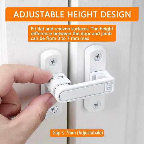 White Barn Door Latches With Adjustable 0 To 7 Millimeters Height For Flawless Gap Alignment and A Rock Steady 90 To 180 Degree Swivel Lock For Sliding Doors That Install Like A Breeze on uneven surface.