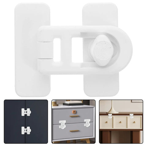 4 Pack Childproof Refrigerator And Oven Door Locks with easy install plastic latches shown on cabinets and drawers