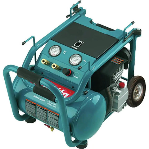 No Nonsense 3.0 HP Big Bore Air Compressor crafted with a solid cast iron pump, featuring gauges and wheels for mobility.