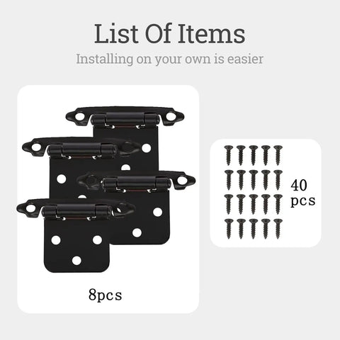 Heavy Duty Cabinet Hinges 8 Pack With Slick Self Closing Action And Surefire Half Inch Overlay Setup For No Fuss Kitchen Remodels In Solid Satin Black Steel That Runs Like Butter Daily with 8 hinges and 40 screws
