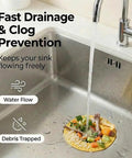3 Pack Heavy Duty Sink Drain Strainers in action, blocking food debris while allowing water flow in a stainless steel sink.