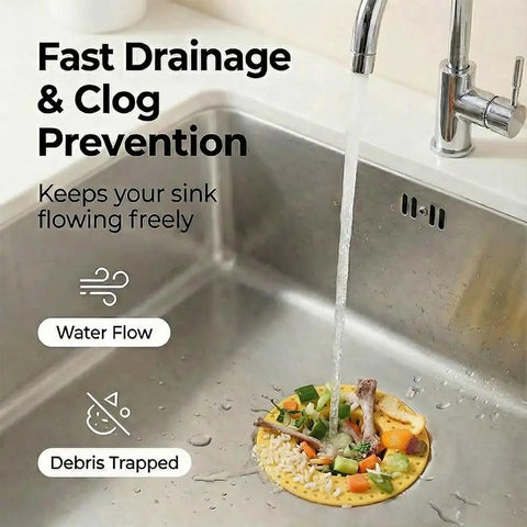 3 Pack Heavy Duty Sink Drain Strainers in action, blocking food debris while allowing water flow in a stainless steel sink.