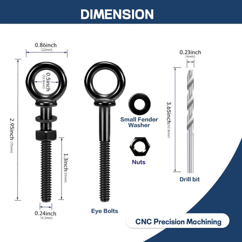 Beefy Five Pack Black Titanium Shoulder Eye Bolts One Quarter Inch By Two Inch Shank T316 Stainless Steel Heavy Duty Eyebolts with dimensions.