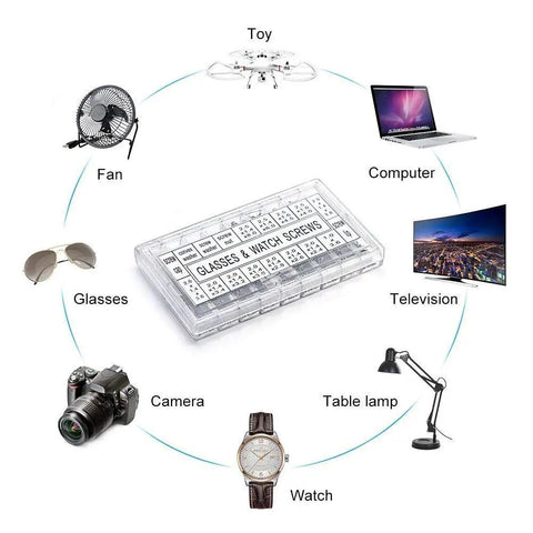 Premium Stainless Steel Glasses Screws Repair Kit With Micro Nuts Washers Hardware Set For Spectacles Watches And Gadgets 1000 Piece Collection shown with various devices.