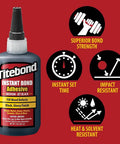 Heavy-Duty Bullet-Proof CA Super Glue For Woodworking And Repairs - Jet Black Rubber Toughened Gap Filling Ethyl Cyanoacrylate Adhesive - 2 Oz bottle displaying features.