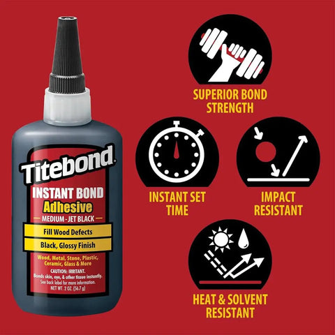 Heavy-Duty Bullet-Proof CA Super Glue For Woodworking And Repairs - Jet Black Rubber Toughened Gap Filling Ethyl Cyanoacrylate Adhesive - 2 Oz bottle displaying features.