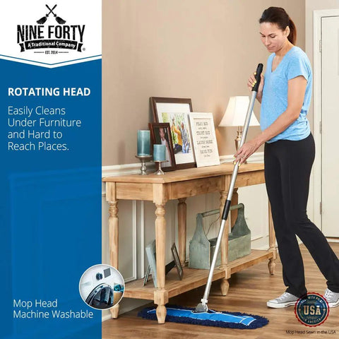 Badass Heavy Duty 24 Inch Nylon Dust Mop Head For Hardwood Floors Machine Washable Commercial Sweeper being used to clean under furniture.
