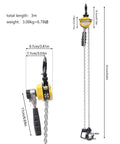 Dimensions and components of Mini Chain Hoist With G80 Chain, Ratchet Lever Come Along Hoist With Hook shown in measurements.
