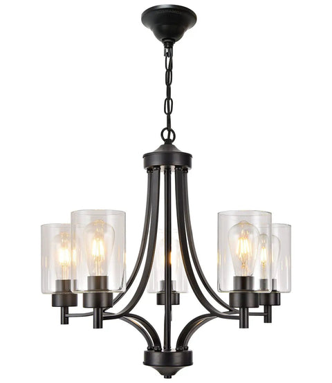 Contemporary Black 5 Light Glass Chandelier For Dining Room And Kitchen Island Farmhouse Style Ceiling Pendant Light With Clear Glass Shades For Living Rooms Foyers Hallways And Restaurants