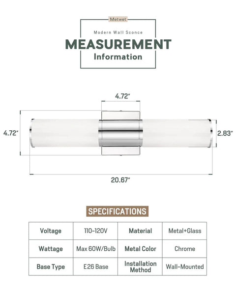 Specifications and measurements of Two Light Vanity Lights With Milk Glass Shade In Chrome Finish Up And Down Wall Sconces.