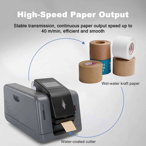 Electric Water Activated Tape Dispenser Heavy Duty Kraft Paper Tape Cutter With Button And Sensor Control For Packages No Sweat Setup, showing wet-kraft paper rolls and water-coated cutter.