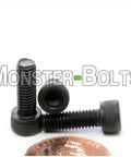 Size 8-36 X One Half Inch Socket Head Cap Screws High Grade Alloy Steel With Slick Black Oxide Coating, showing three screws and a penny for scale.