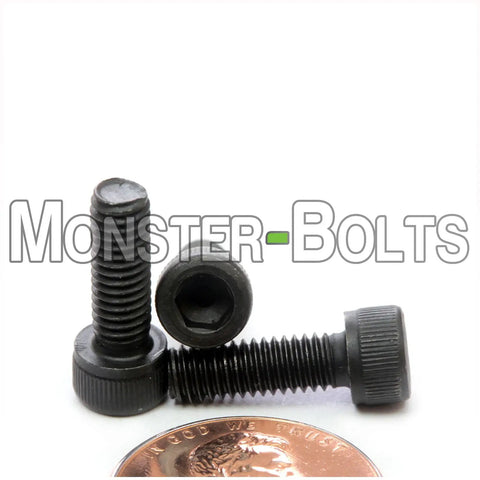 Size 8-36 X One Half Inch Socket Head Cap Screws High Grade Alloy Steel With Slick Black Oxide Coating, showing three screws and a penny for scale.
