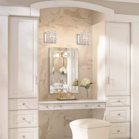 Crystal Wall Sconce Set of Two Modern Chrome Finish Wall Lamps with Crystal Accents for a Slick Vibe 1 Light for Living Room Bedroom Powder Room TV Wall Decor above vanity mirror
