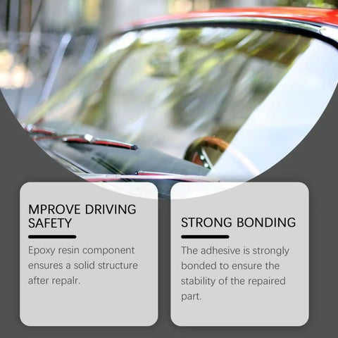 Car windshield partially repaired using DIY Windshield Repair Kit For Chips And Minor Cracks With Liquid Glass Resin And Glue.