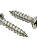 Number Twelve By One Inch Stainless Steel Wood Screws Flat Head Phillips Drive 304 Grade Rust Resistant Decking Fasteners Built Tough For Backyard Buildouts And Fence Fixes Fifty Pack, two screws on a white background.