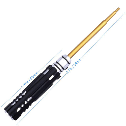 Hex driver from Must Have RC Hex Driver Set for Tiny Builds with a black aluminum non-slip handle and titanium-plated tip.