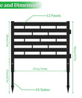 Diagram of No Dig Plastic Fence Panels 12 Pack Outdoor Privacy Fence Screen For Yard Patio Garden Beds, showing dimensions and stakes.
