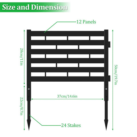 Diagram of No Dig Plastic Fence Panels 12 Pack Outdoor Privacy Fence Screen For Yard Patio Garden Beds, showing dimensions and stakes.
