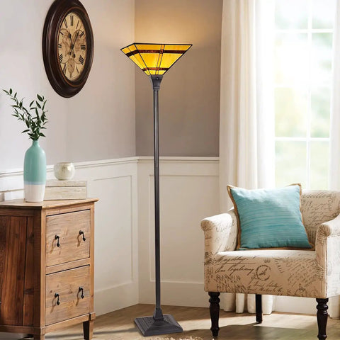 Stained Glass Tiffany Style Torchiere Floor Lamp 69 Inch Tall Cream Brown Antique Uplight With Totally Handmade Shade And Resin Base