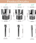 Essential 3-Piece Internal External Pipe Threading Tool Kit For Plumber Pros Cut And Thread PVC PPR PE Plastic Pipes Up To One Inch With Precision Cutter parts showing sizes and measurements for threading dies.