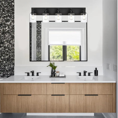 Slick Brushed Nickel 4 Light Bathroom Vanity Lights With Clear Glass Shades Industrial Wall Mount Bath Fixture above mirror