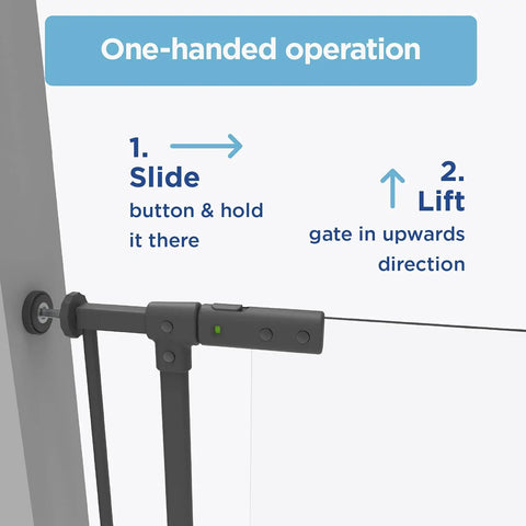 One-handed operation instructions for Adjustable Clear Acrylic Baby Gate For Stairs 28.8 To 32.3 Inches Wide, 30 Inches High, Walk-Through Safety Gate With Magnetic Auto Close Lock, Stay Open Option, Two-Way Opening, Pressure Mounted, Safe Step Bottom Bar, Warm Black.