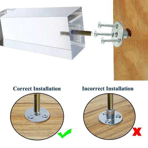 Installation guide for Clear Acrylic Furniture Legs 6 Inch Set of 4 Modern Pyramid Style showing correct and incorrect assembly.